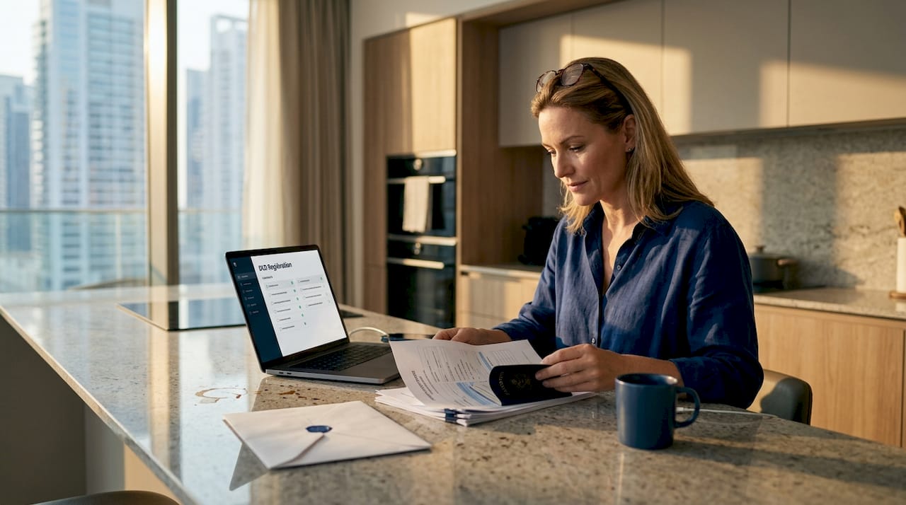 Woman organizing Dubai real estate documents