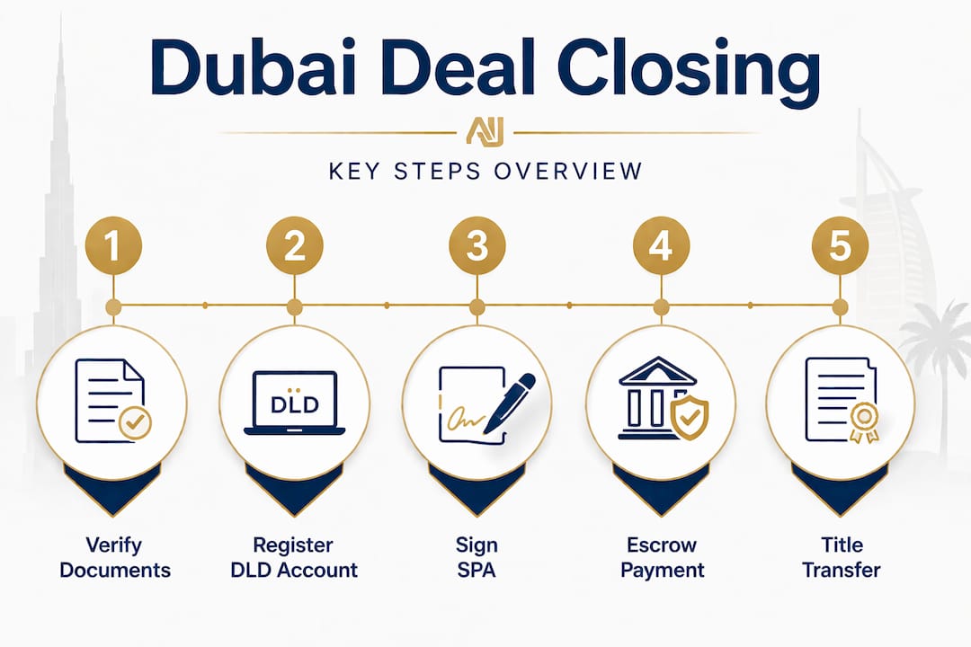 Infographic with Dubai property deal closing steps