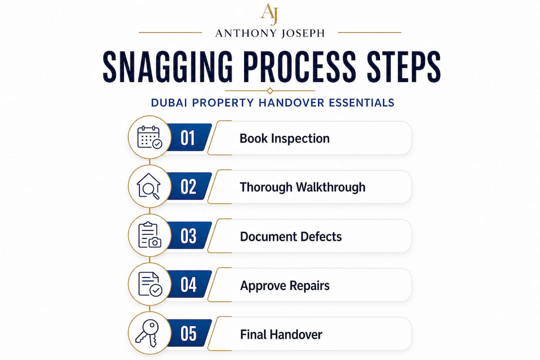 Vertical flow infographic showing Dubai property snagging steps