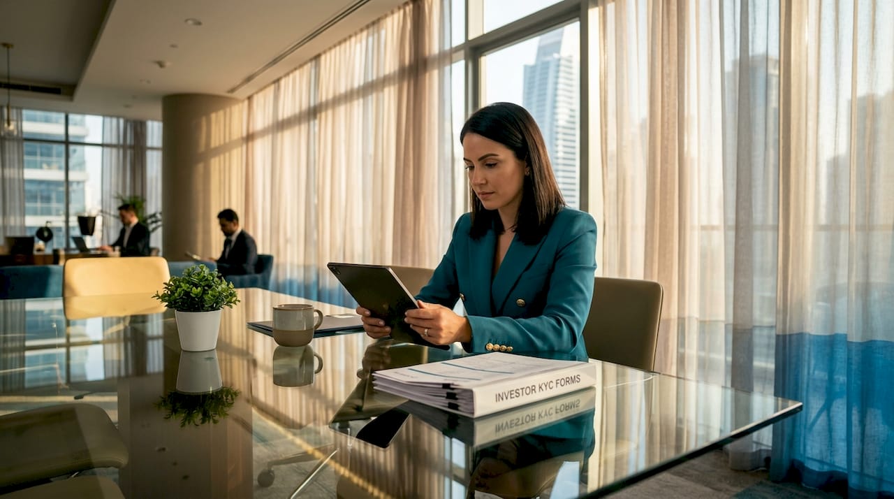 Broker reviewing documentation at conference table