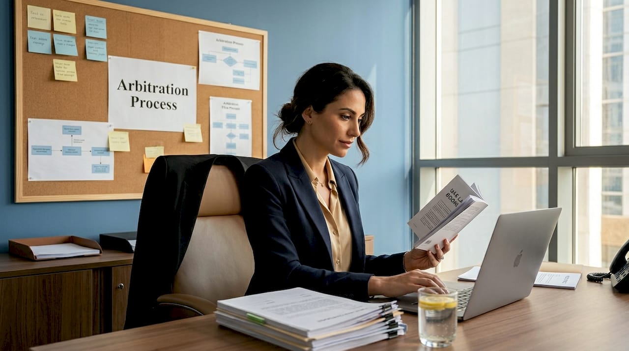 Lawyer reviewing arbitration process flow steps