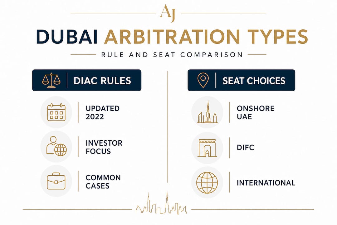 Infographic comparing Dubai arbitration rules and seat choices