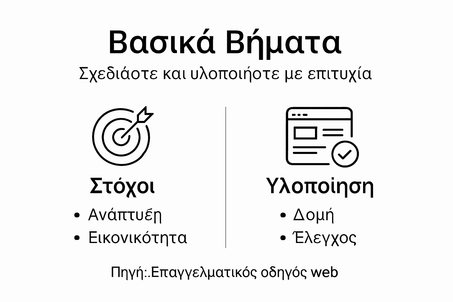 Εικονογράφηση με τα βασικά στάδια δημιουργίας μιας ιστοσελίδας