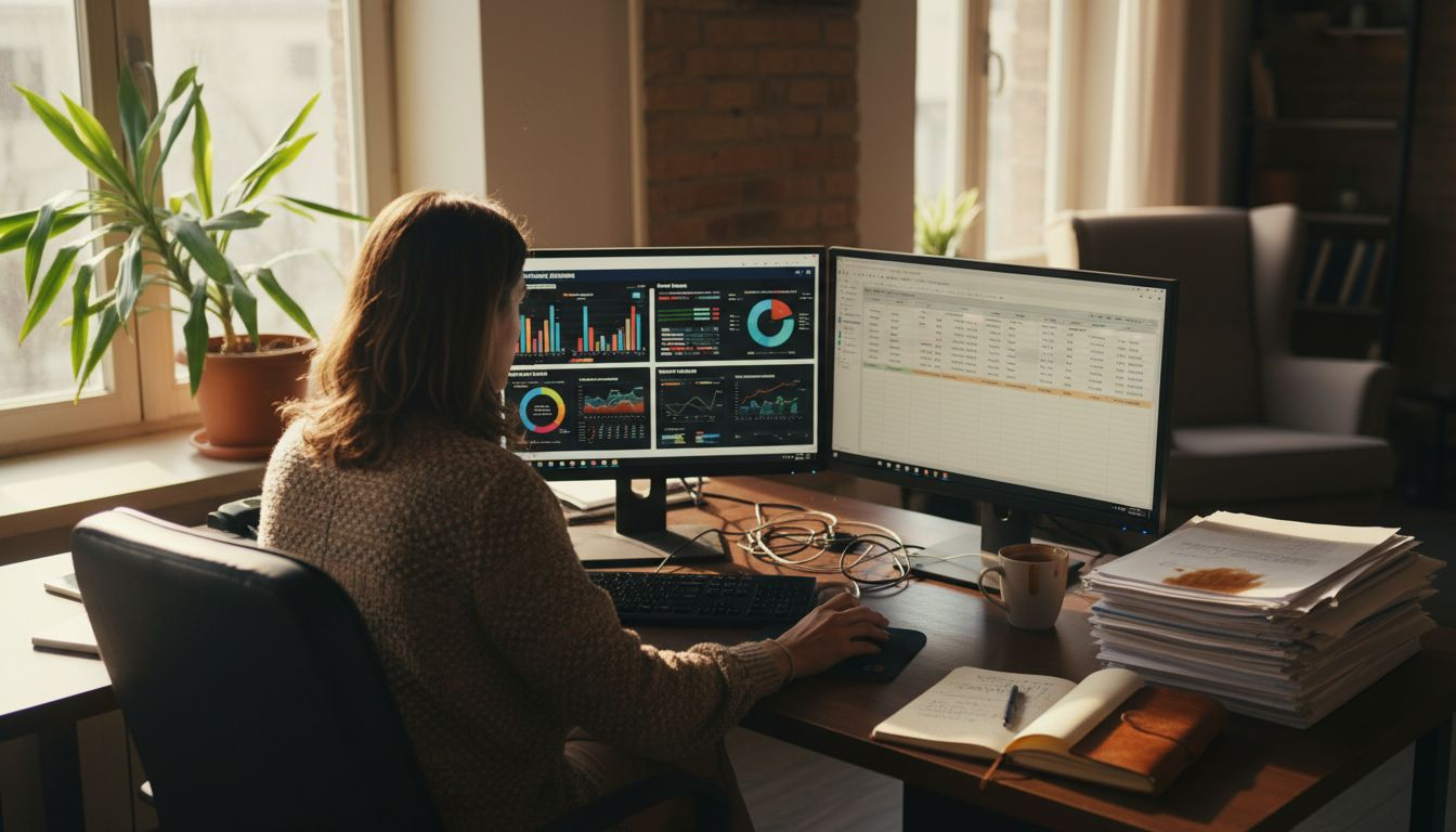 Ένας εργαζόμενος εξετάζει και επεξεργάζεται δεδομένα μπροστά από τις οθόνες του γραφείου του.