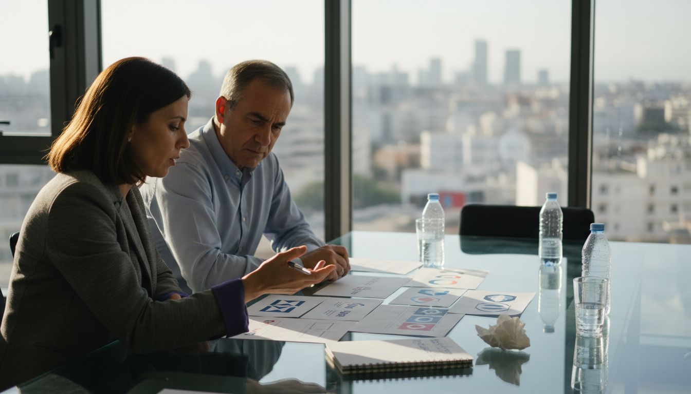 Η ομάδα της εταιρείας συγκεντρώθηκε για να συζητήσει και να αξιολογήσει τις εκτυπωμένες προτάσεις του νέου λογότυπου.