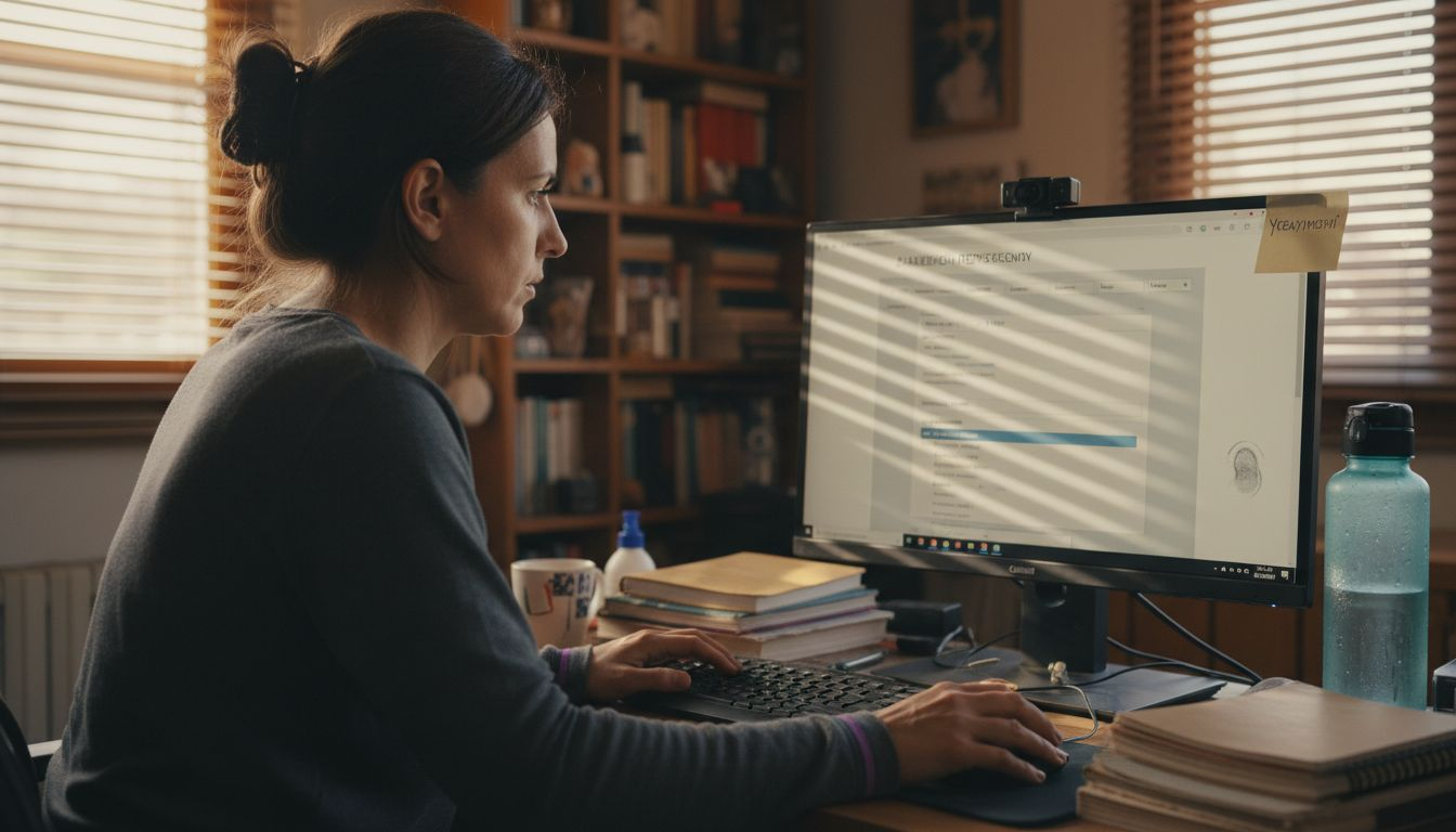 Γυναίκα εργάζεται από το σπίτι της, προσθέτοντας νέο περιεχόμενο στην ιστοσελίδα της.