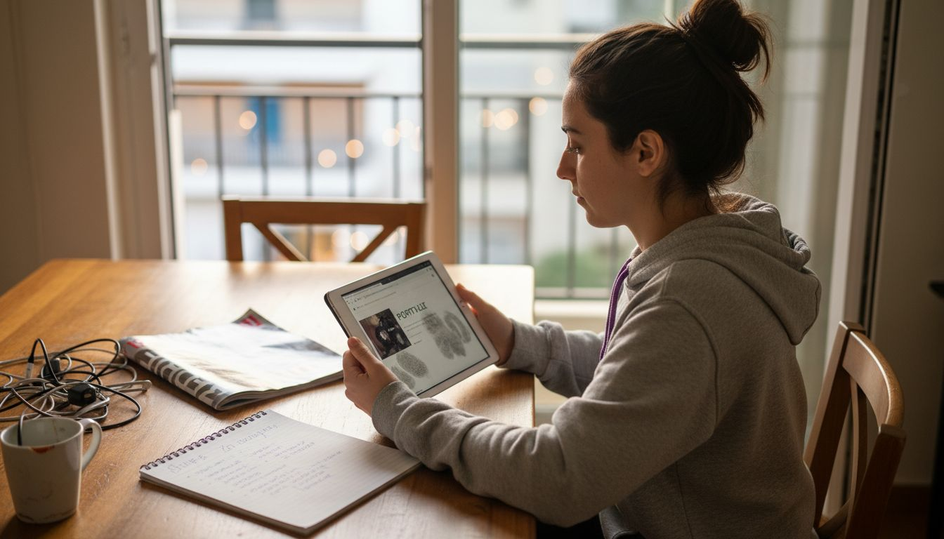 Γυναίκα εξετάζει το προσωπικό της portfolio ιστοσελίδας μέσα από το tablet της.