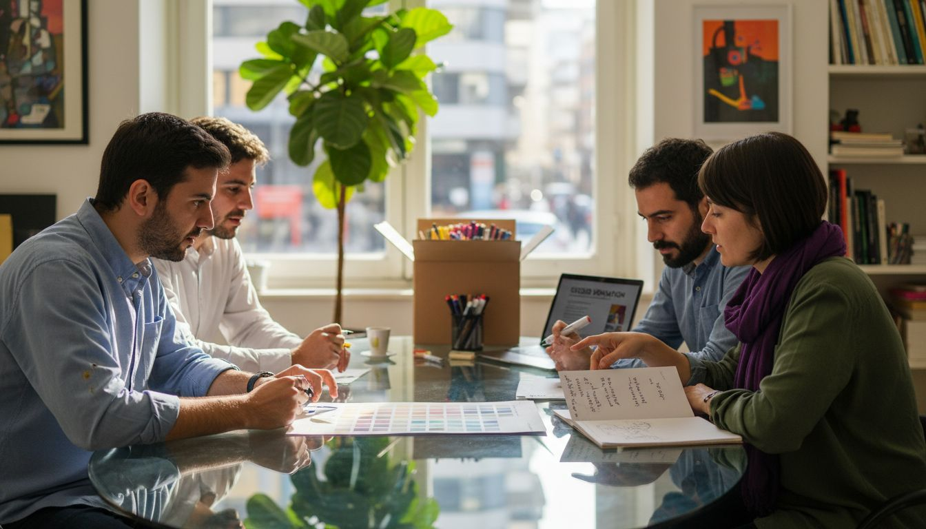 Η ομάδα του branding συζητά για τις χρωματικές επιλογές και τους συνδυασμούς που θα χρησιμοποιηθούν, μαζεμένη γύρω από το τραπέζι στο γραφείο.