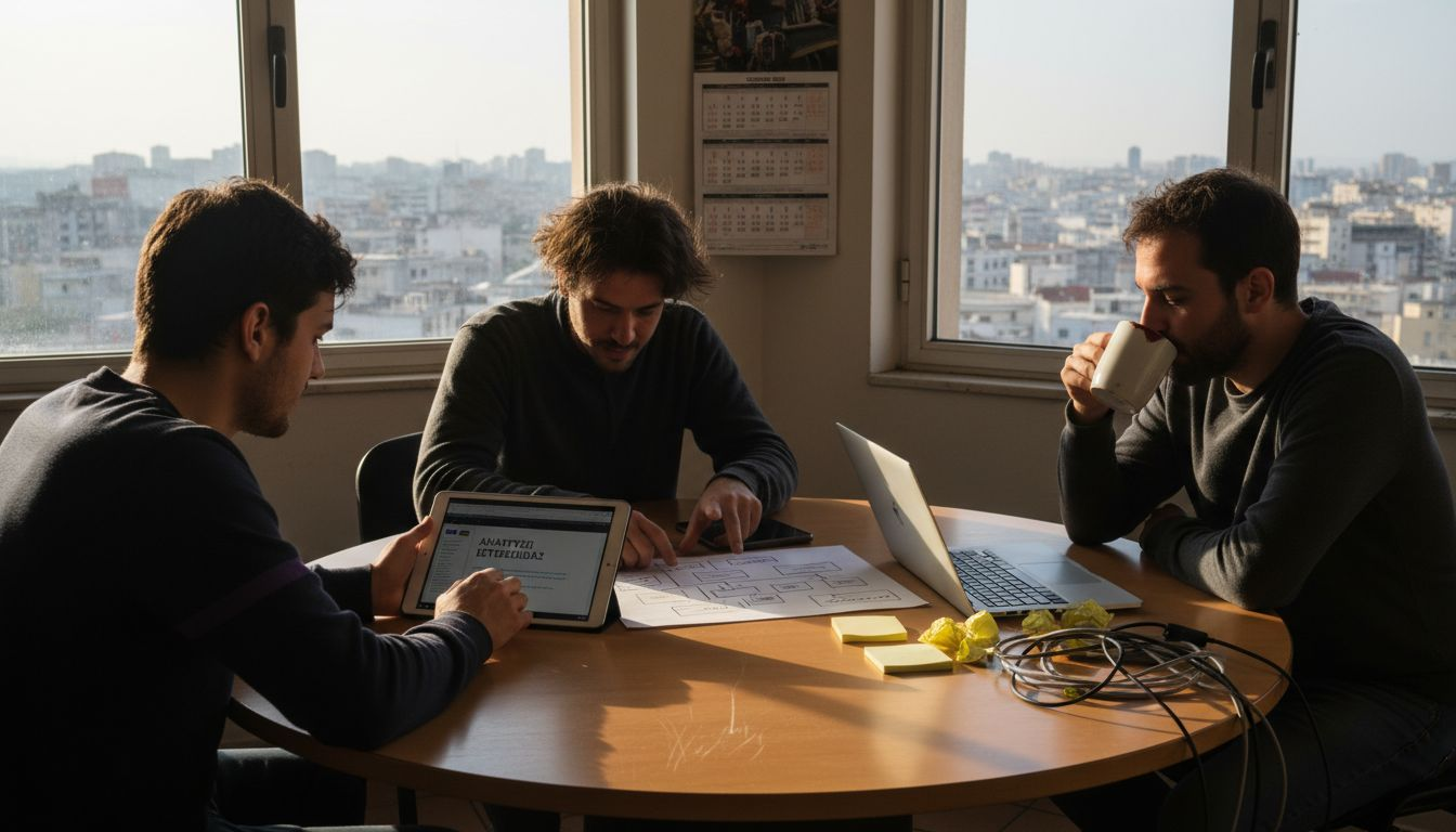 Η ομάδα δουλεύει συλλογικά πάνω στη ροή εργασίας για την ανάπτυξη ιστοσελίδων, συνδυάζοντας ιδέες και τεχνογνωσία για να πετύχει το καλύτερο αποτέλεσμα.
