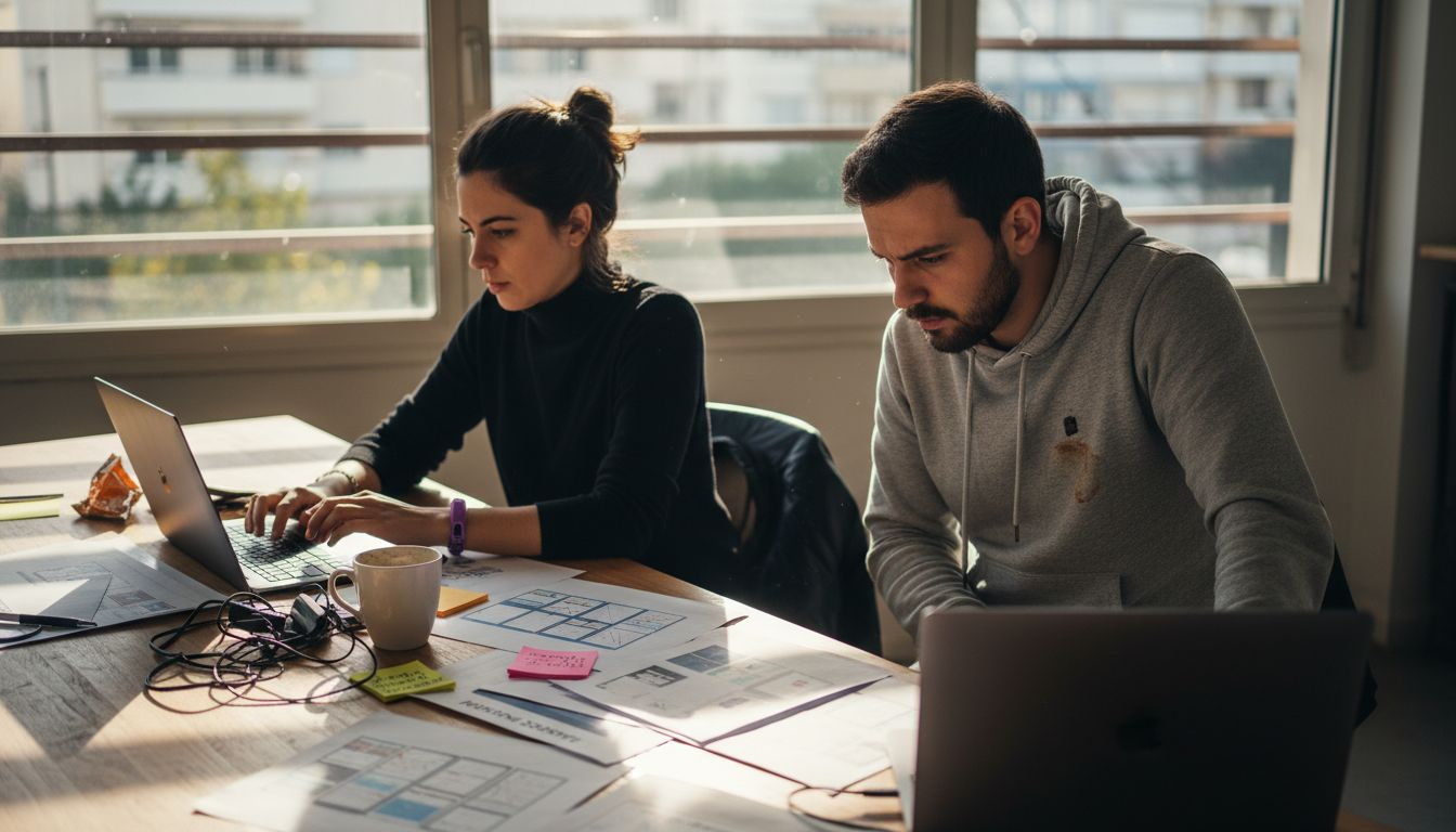 Οι σχεδιαστές UI και UX συζητούν και αξιολογούν μαζί τις ιδέες τους, ανταλλάσσοντας απόψεις για να καταλήξουν στις καλύτερες λύσεις.