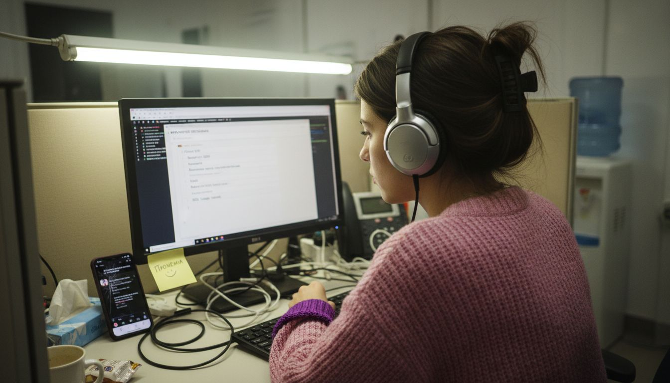 Μια γυναίκα δουλεύει στα SEO meta tags μπροστά σε ένα γραφείο γεμάτο χαρτιά και αντικείμενα.