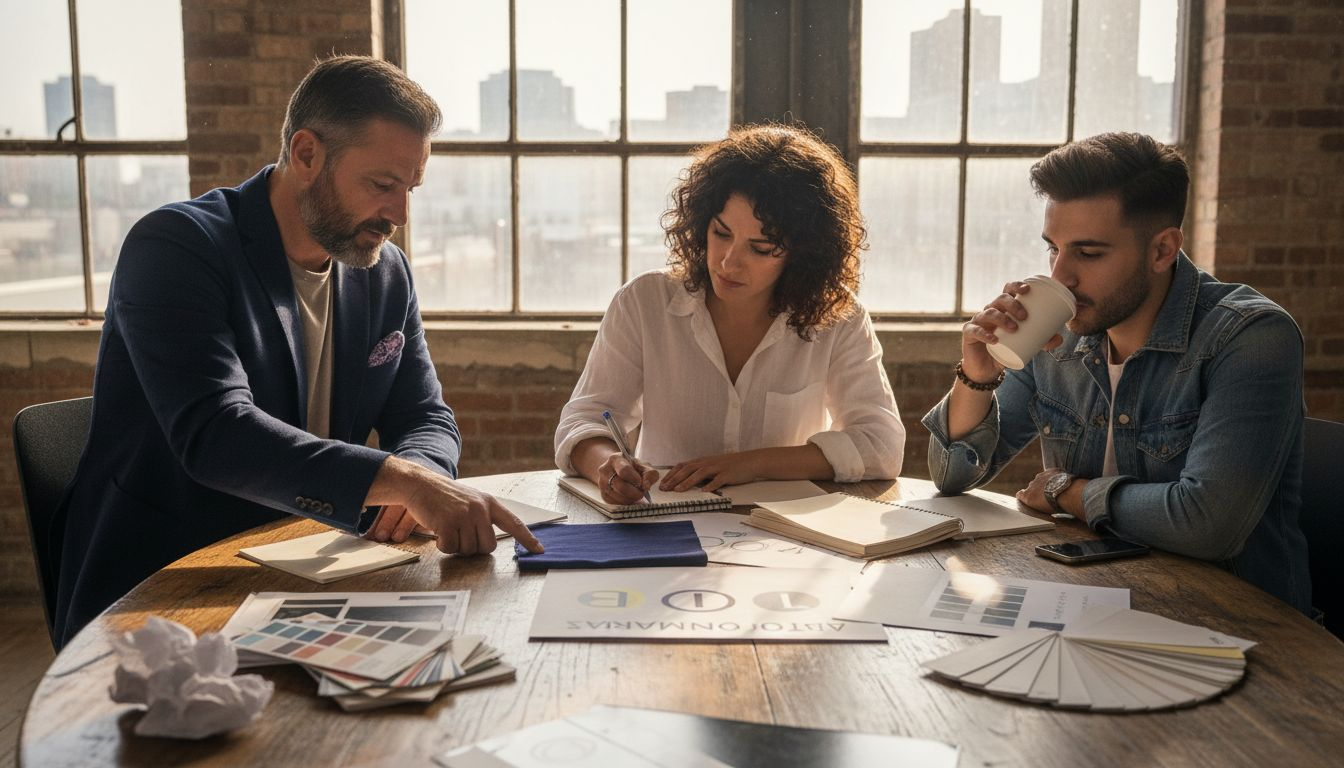 Η ομάδα του branding συζητάει γύρω από το τραπέζι και συγκρίνει δείγματα χρωμάτων για να καταλήξει στη σωστή παλέτα.