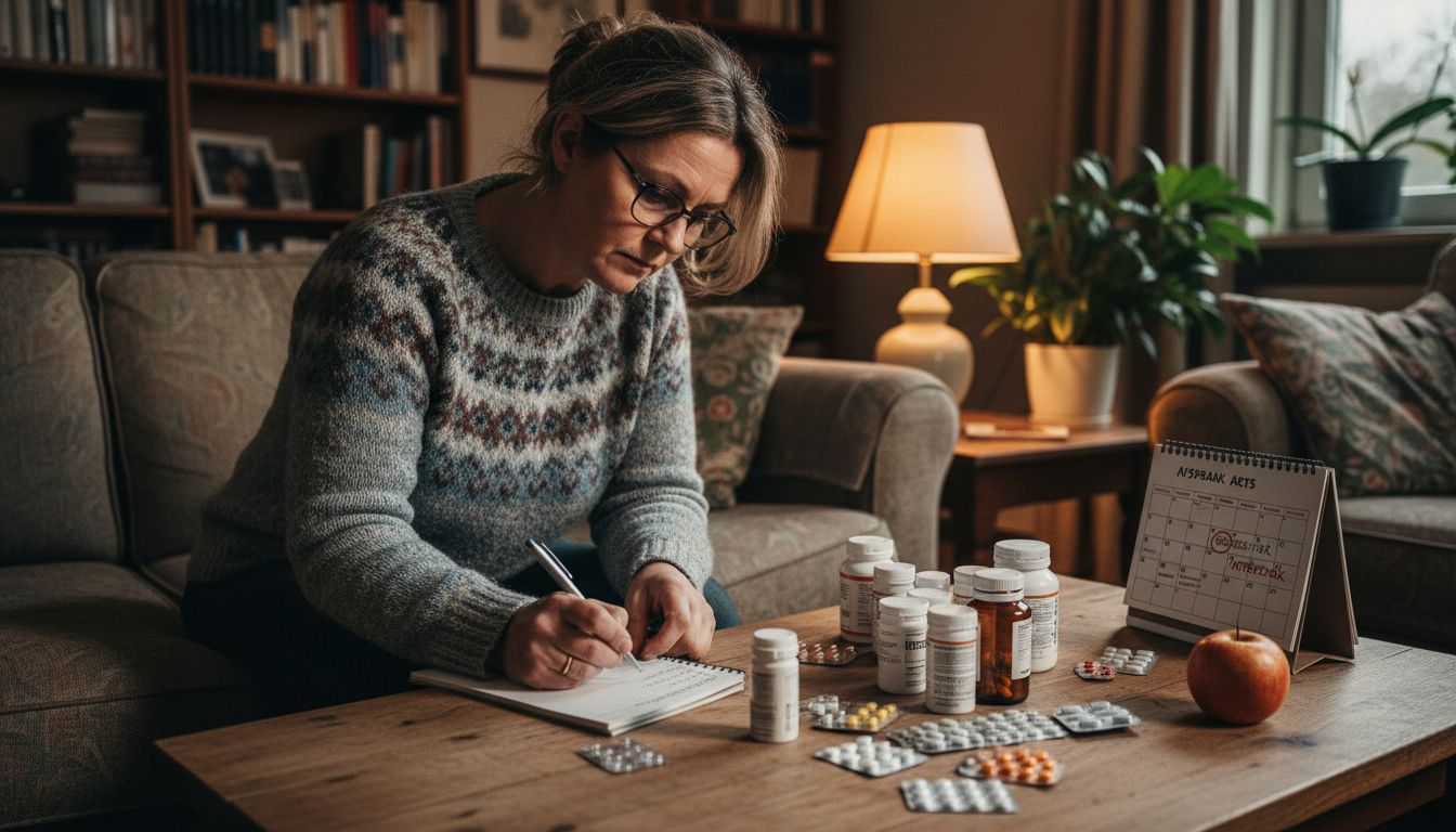 Vrouw zet haar medicatie op een rijtje ter voorbereiding op het consult