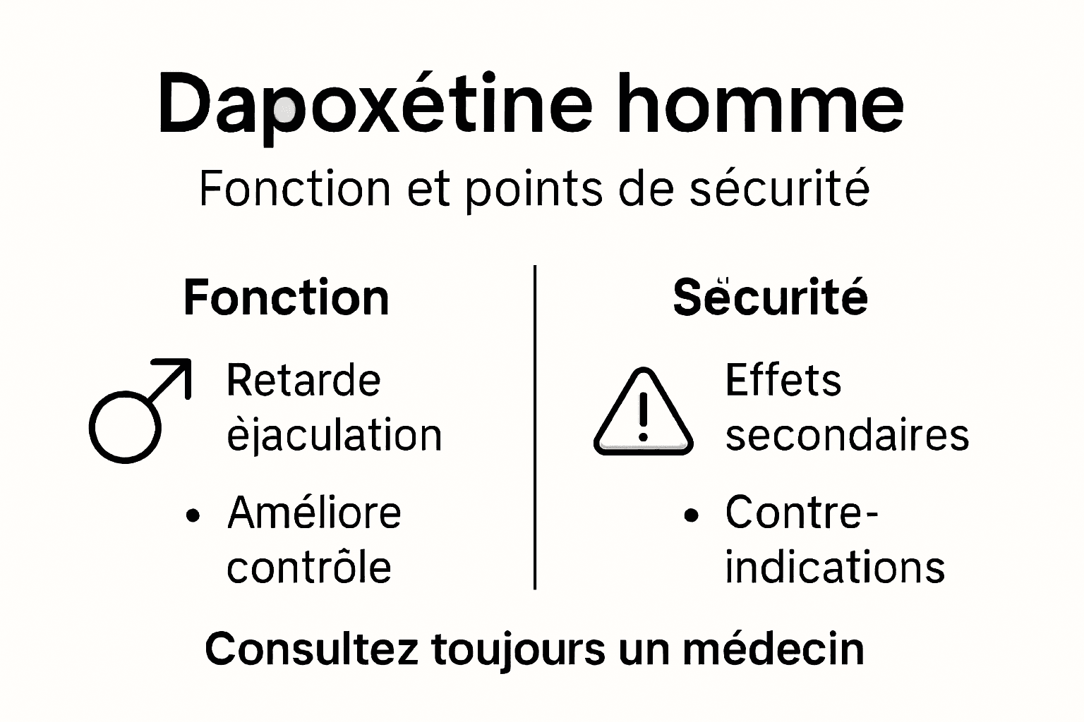 Rôle du dapoxétine : fonction et sécurité homme 2 Infographie : comprendre l’utilité et les précautions d’emploi de la dapoxétine