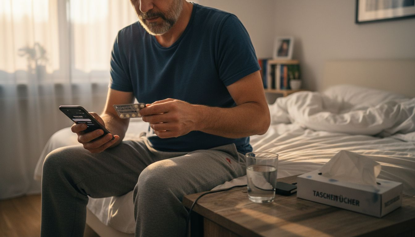 Ein mann achtet darauf, seine tägliche medikamenteneinnahme pünktlich im schlafzimmer zu erledigen.