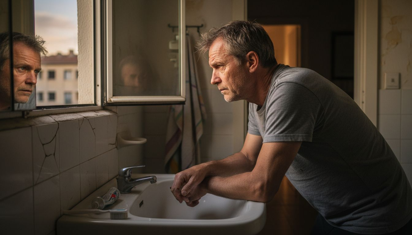 Impact de l’âge sur l’érection masculine aujourd’hui 1 Un homme remarque les premiers signes de l’âge dans son miroir.