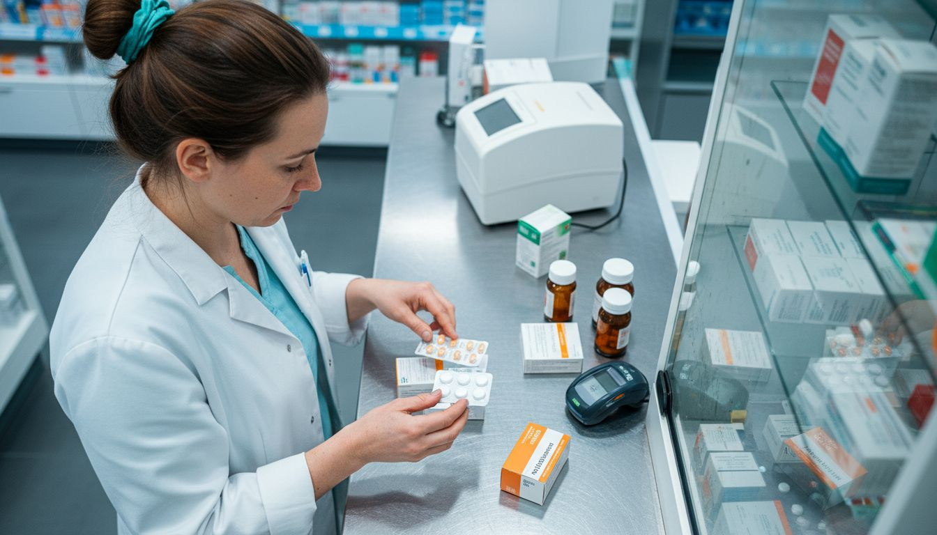 Eine apothekerin prüft und vergleicht verschiedene medikamente auf dem tresen.