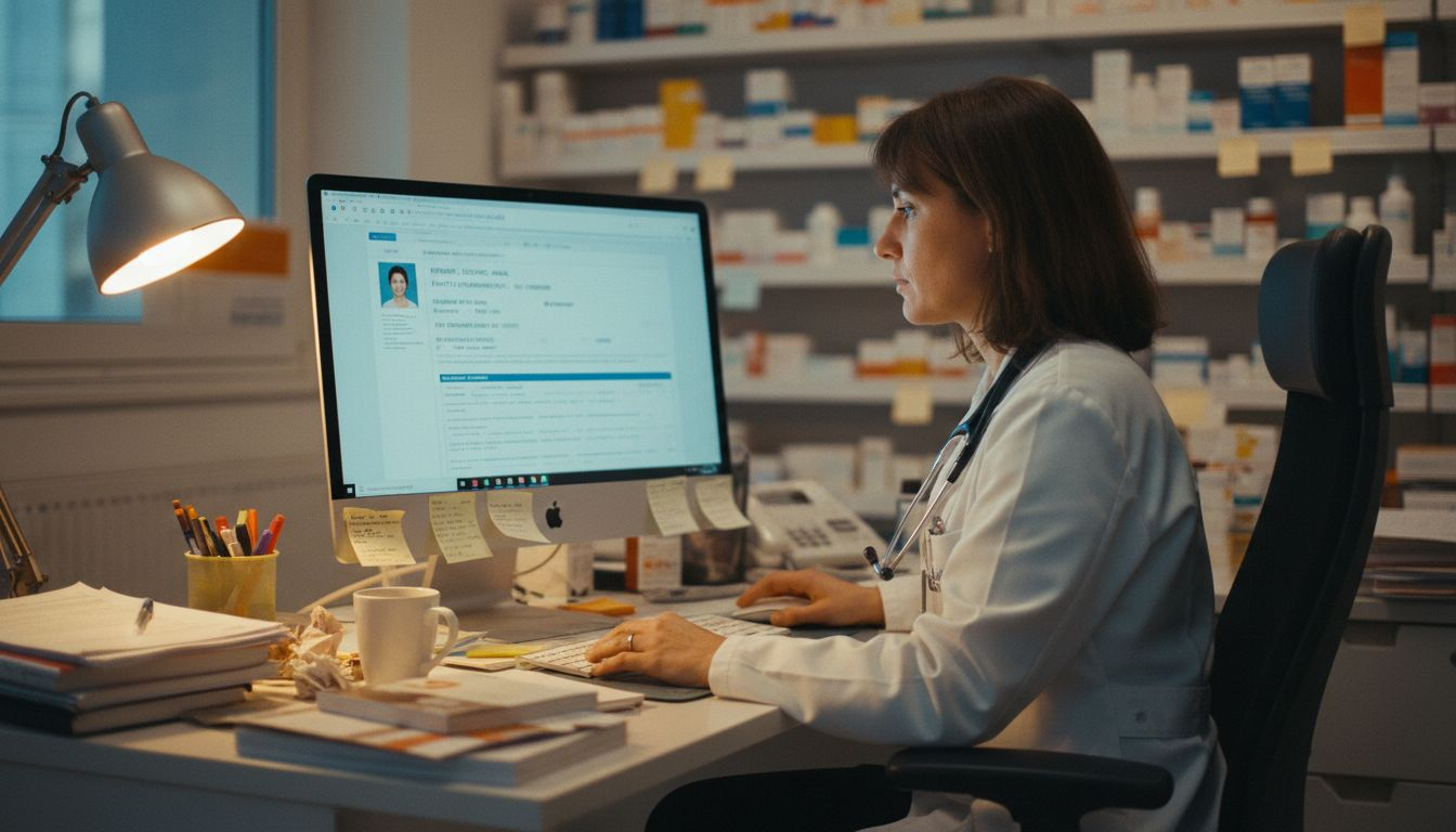 Processus d'achat en ligne de médicaments – sécurité et discrétion 1 La pharmacienne consulte le dossier médical du patient sur son ordinateur.