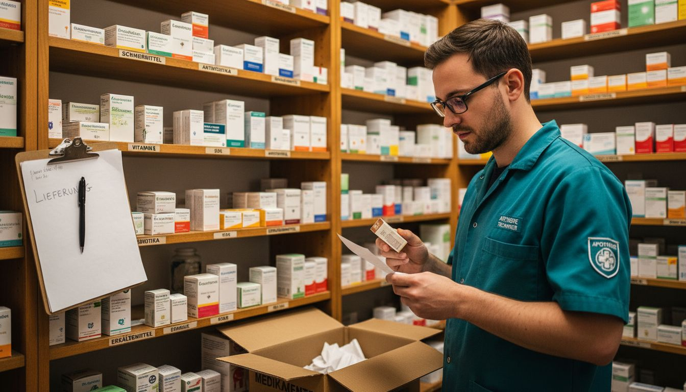 Eine apothekerin sortiert verschiedene verpackungen von generika im verkaufsraum.