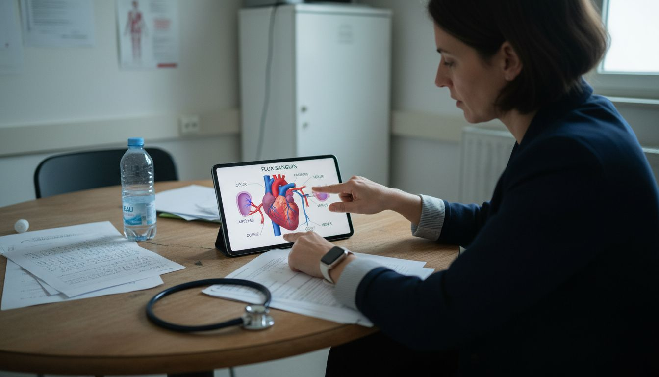 Un médecin explique à son patient, à l’aide d’un schéma, comment agit le traitement.