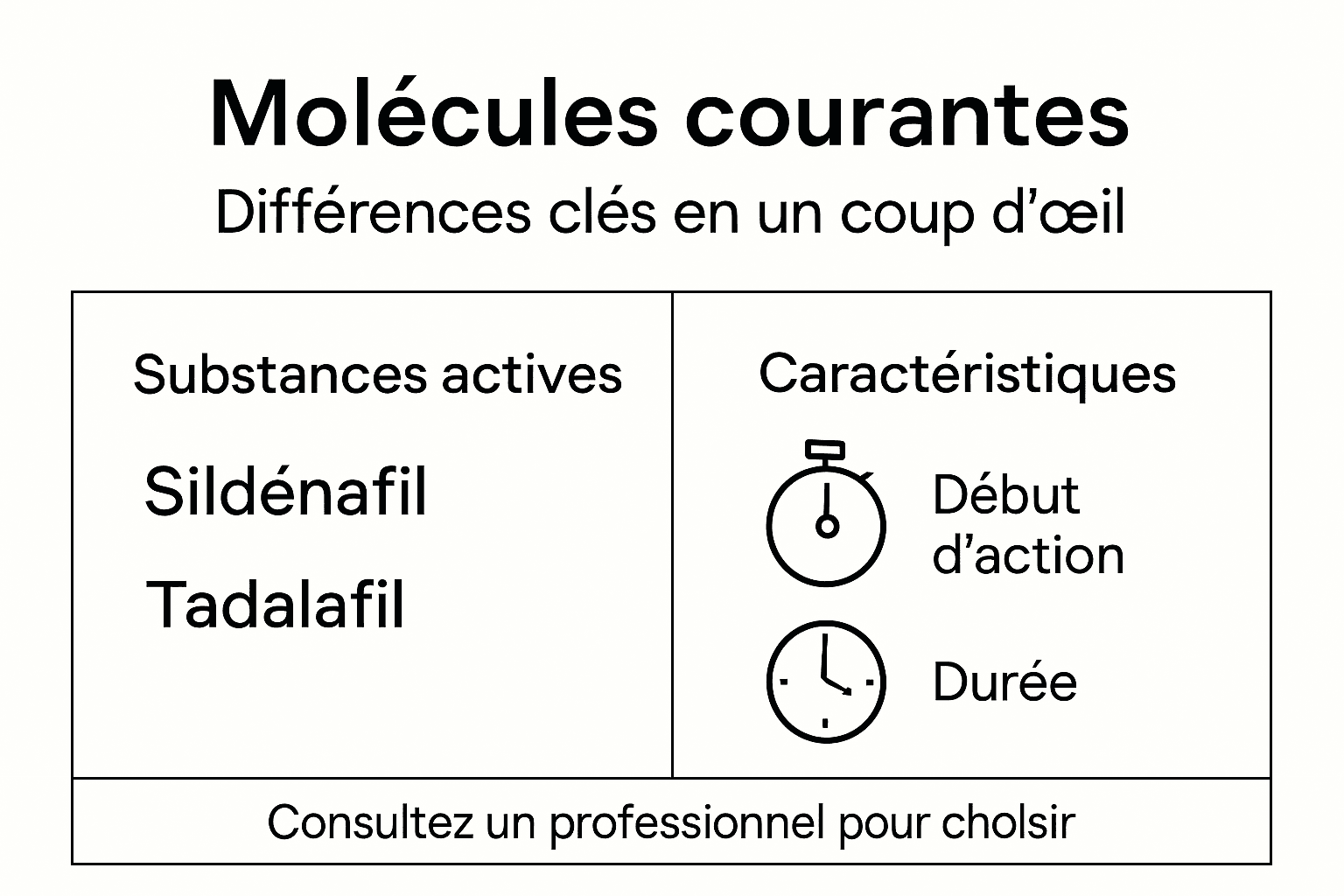 Visuel comparatif des différentes molécules utilisées pour traiter les troubles de l’érection