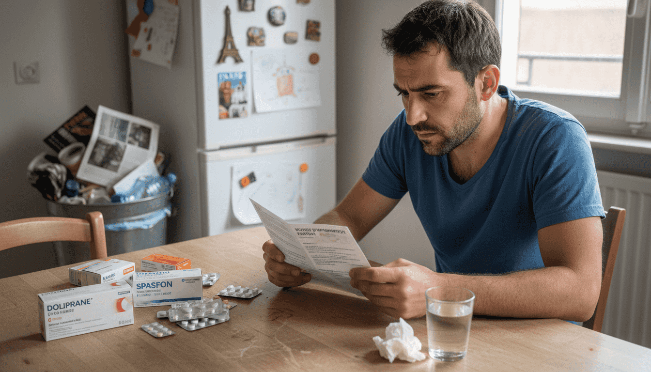Un homme inquiet parcourt attentivement la notice de son médicament pour se renseigner sur les effets secondaires.