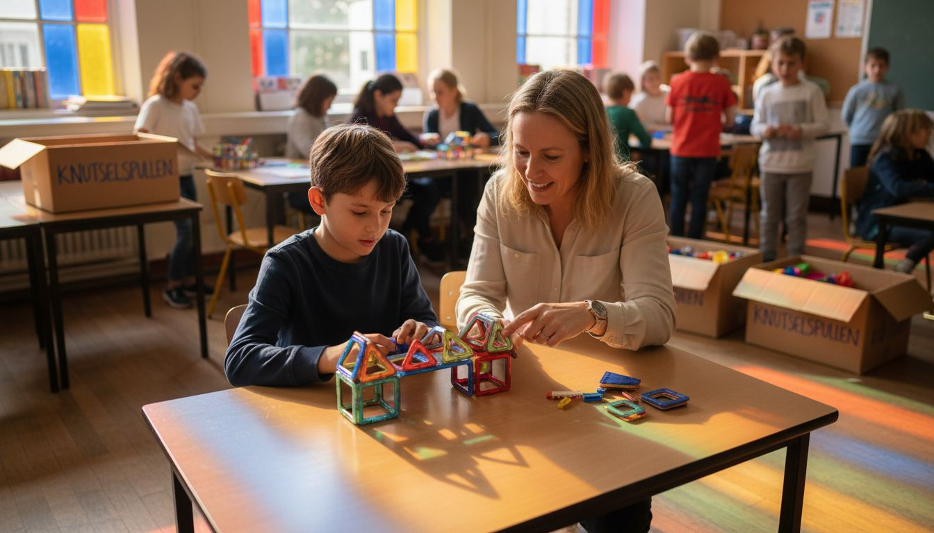 In de klas zijn kinderen enthousiast aan het bouwen met magnetisch speelgoed.