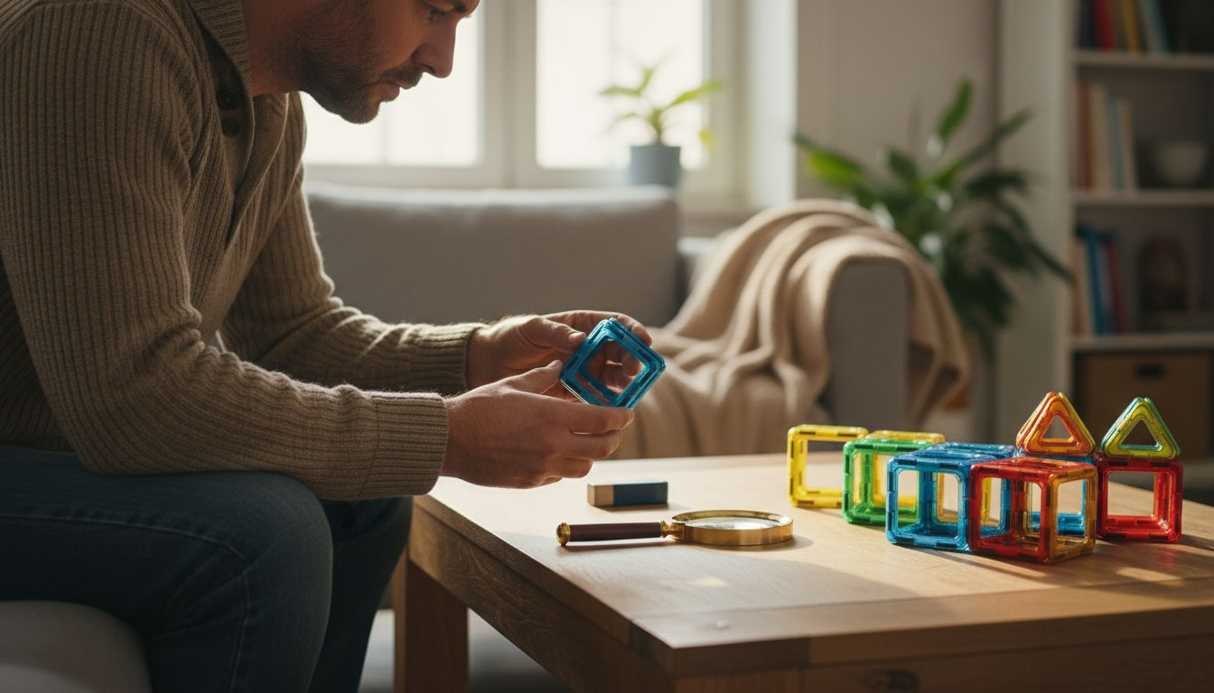 Vader kijkt het magneetblok na op beschadigingen.