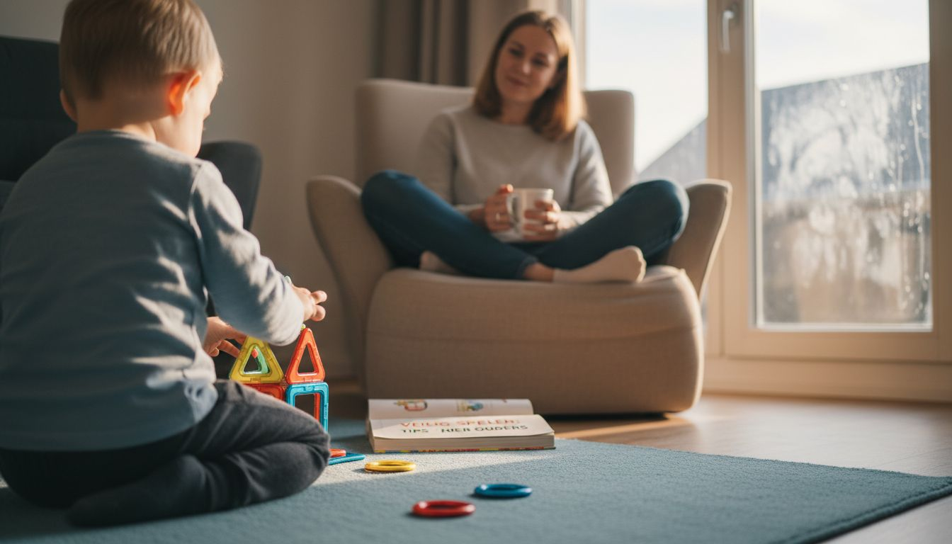 Een ouder kijkt toe terwijl het kind aan het spelen is.
