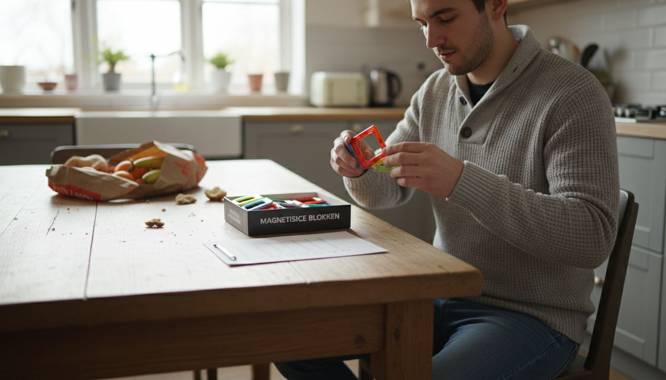 Vader kijkt kritisch of het magneetspeelgoed wel veilig genoeg is voor zijn kind.
