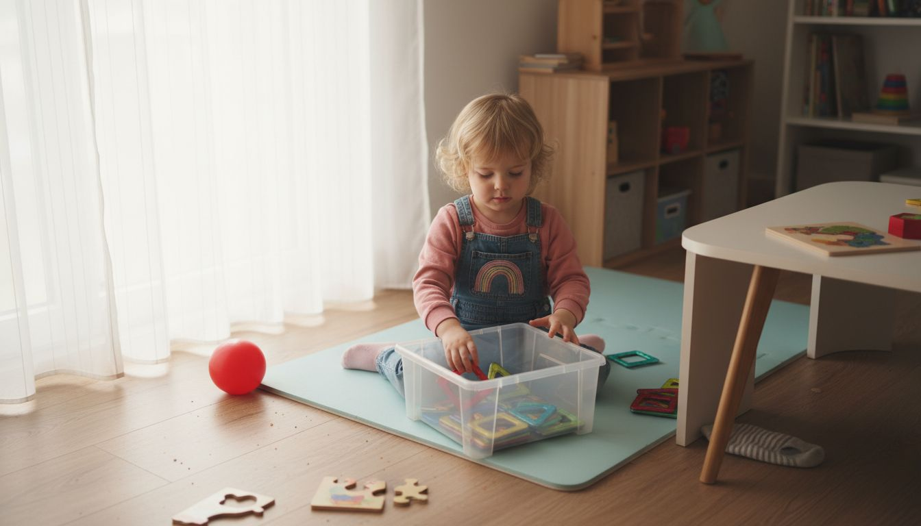 Een meisje bergt haar magnetisch speelgoed netjes en veilig op.