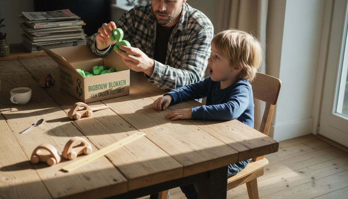 Samen ontdekken vader en zoon nieuw, milieuvriendelijk speelgoed.