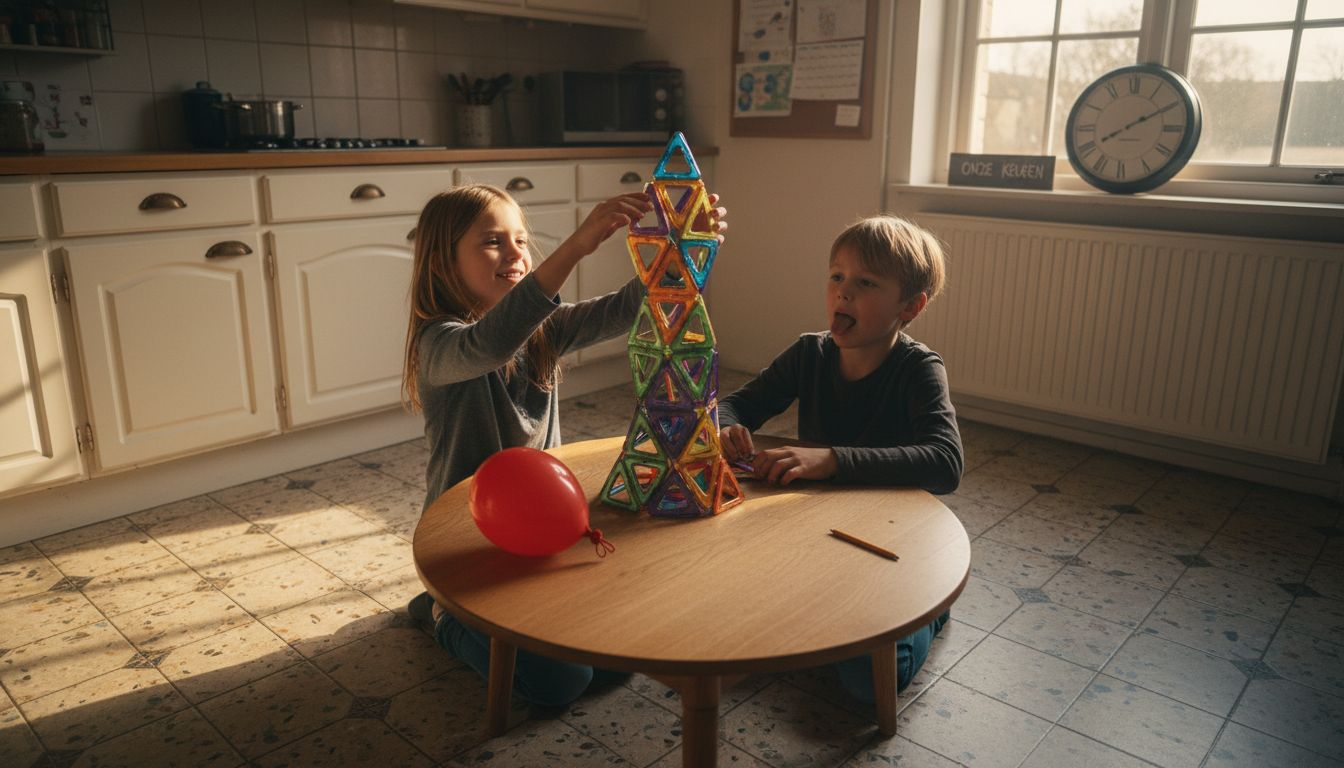 Twee kinderen zijn samen lekker aan het bouwen met magnetische blokken.
