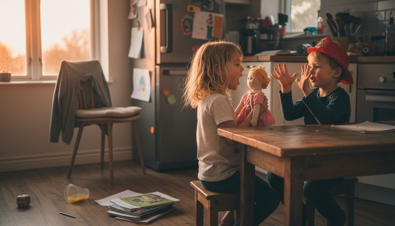 Aan de keukentafel spelen kinderen samen verschillende rollen en bedenken ze hun eigen verhaaltjes.