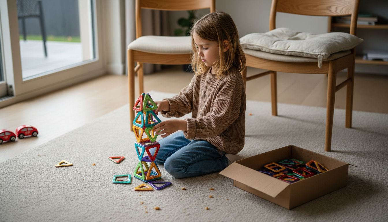 Een kind bouwt een toren van magnetische blokken op het kleed in de woonkamer.