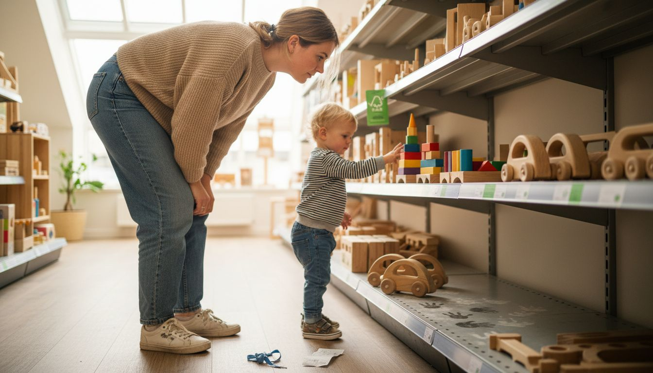 Een ouder kijkt in de speelgoedwinkel of het speelgoed voorzien is van een keurmerk.
