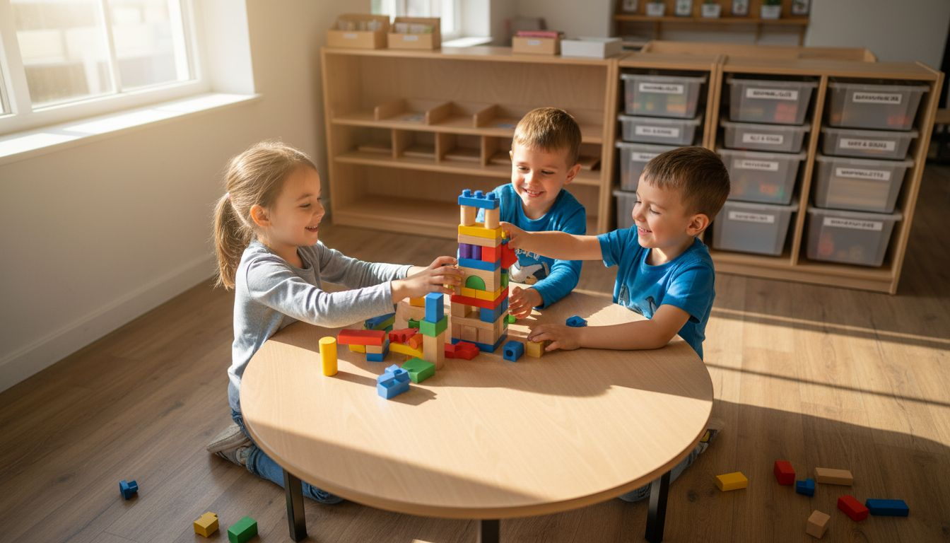 Een groep kinderen werkt samen aan het bouwen van een constructiespel.