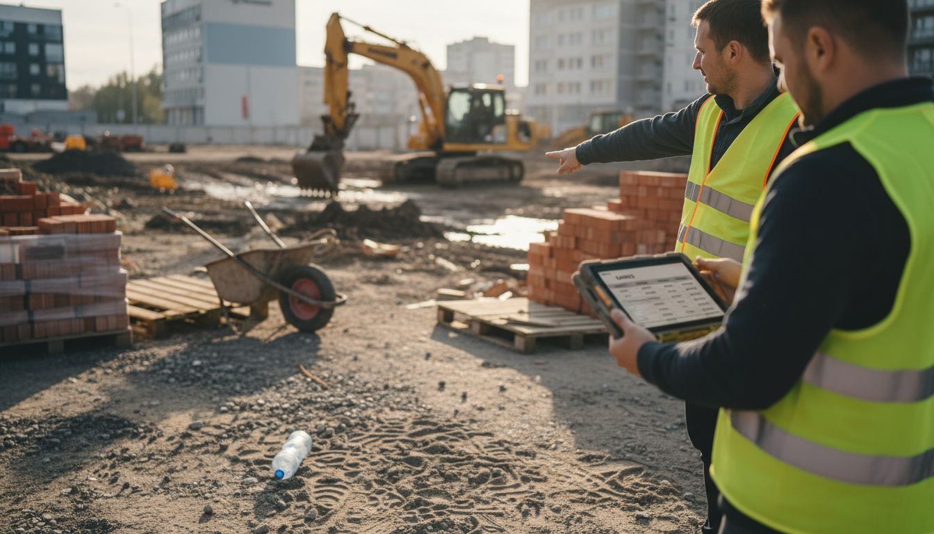 Darbininkai lauke aptaria statybų sąnaudų klausimus.