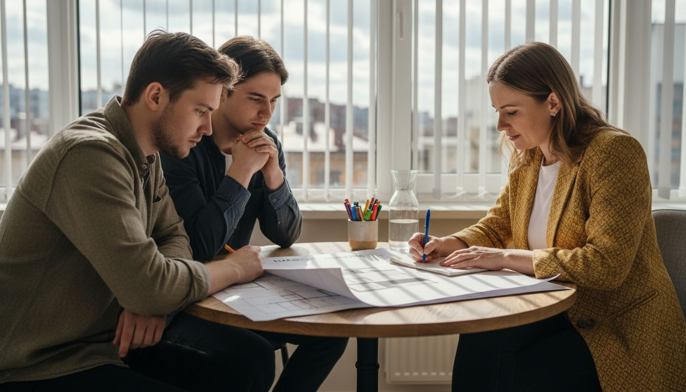 Architektas susitinka su pora aptarti būsimo namo projektą.