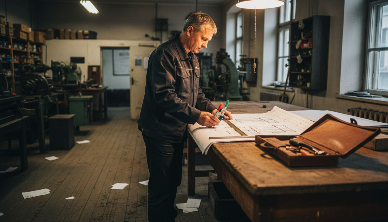 Inžinierius dirba dirbtuvėje, kur rengia statybų projektų brėžinius.