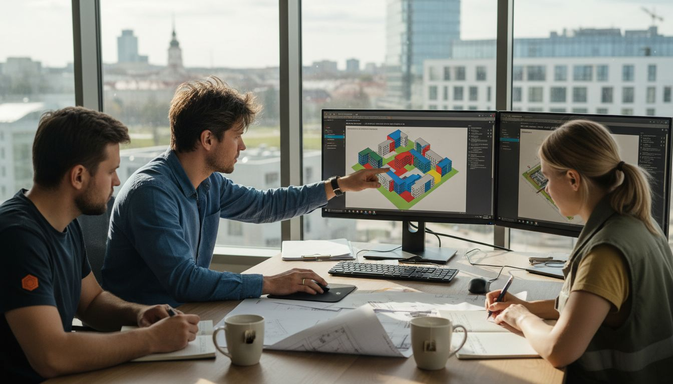 Biuro aplinkoje inžinieriai analizuoja BIM modelį ir aptaria jo sprendimus.