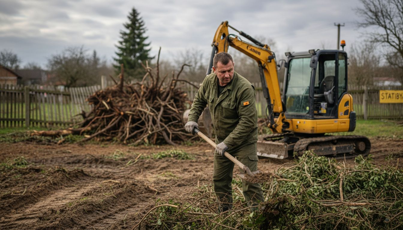Darbininkas kastuvu ruošia statybvietę