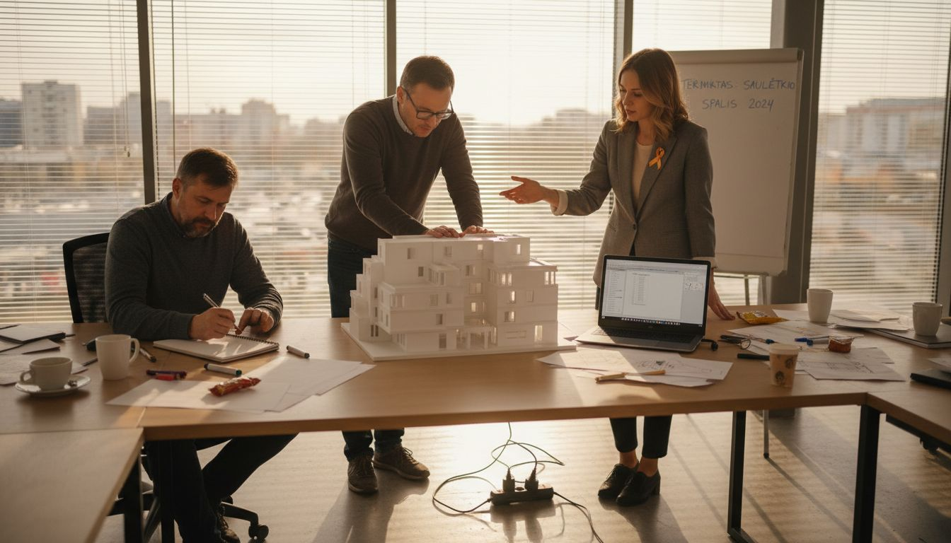 Inžinierių komanda aptaria pastato modelio projektą
