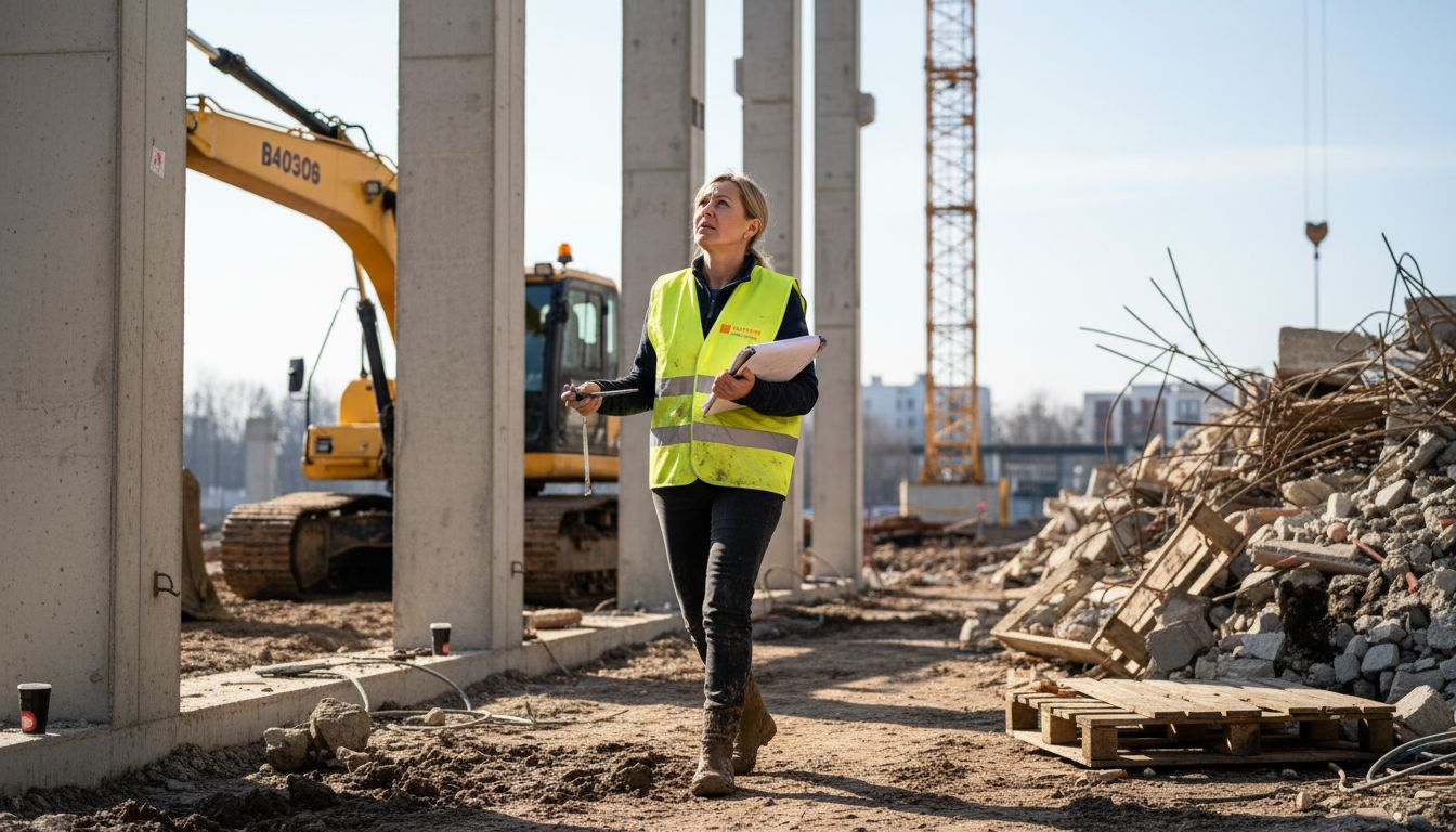 Statybų vadovas apžiūri konstrukcijų atramas statybvietėje