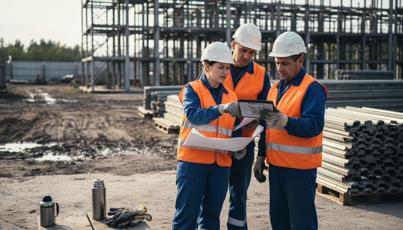 Statybų brigada planuoja darbus purvinoje statybvietėje