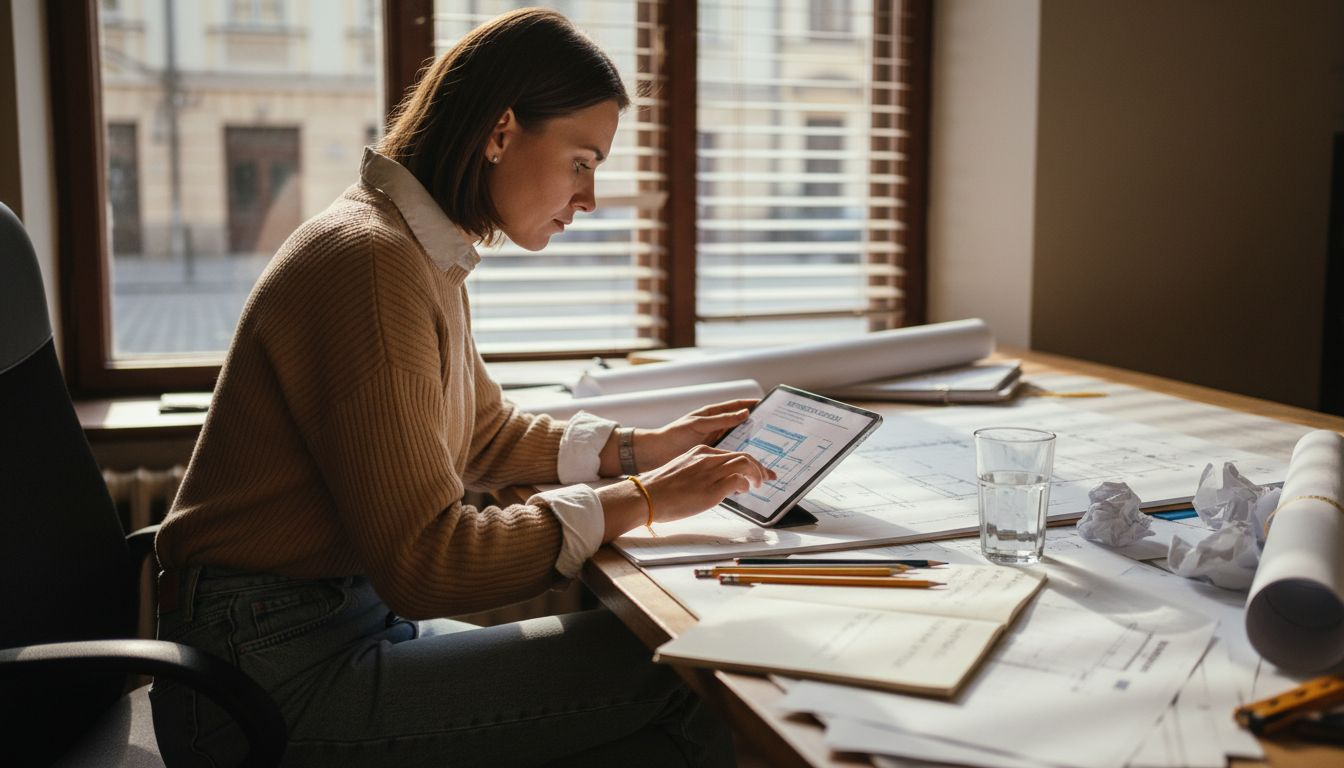 Inžinierė biure peržiūri ir vertina statybų projektą.