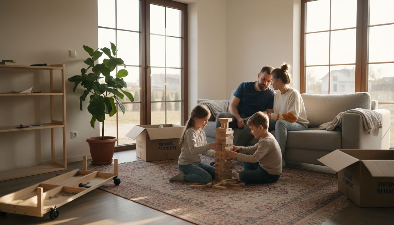 Visa šeima jaukiai leidžia laiką naujų namų svetainėje