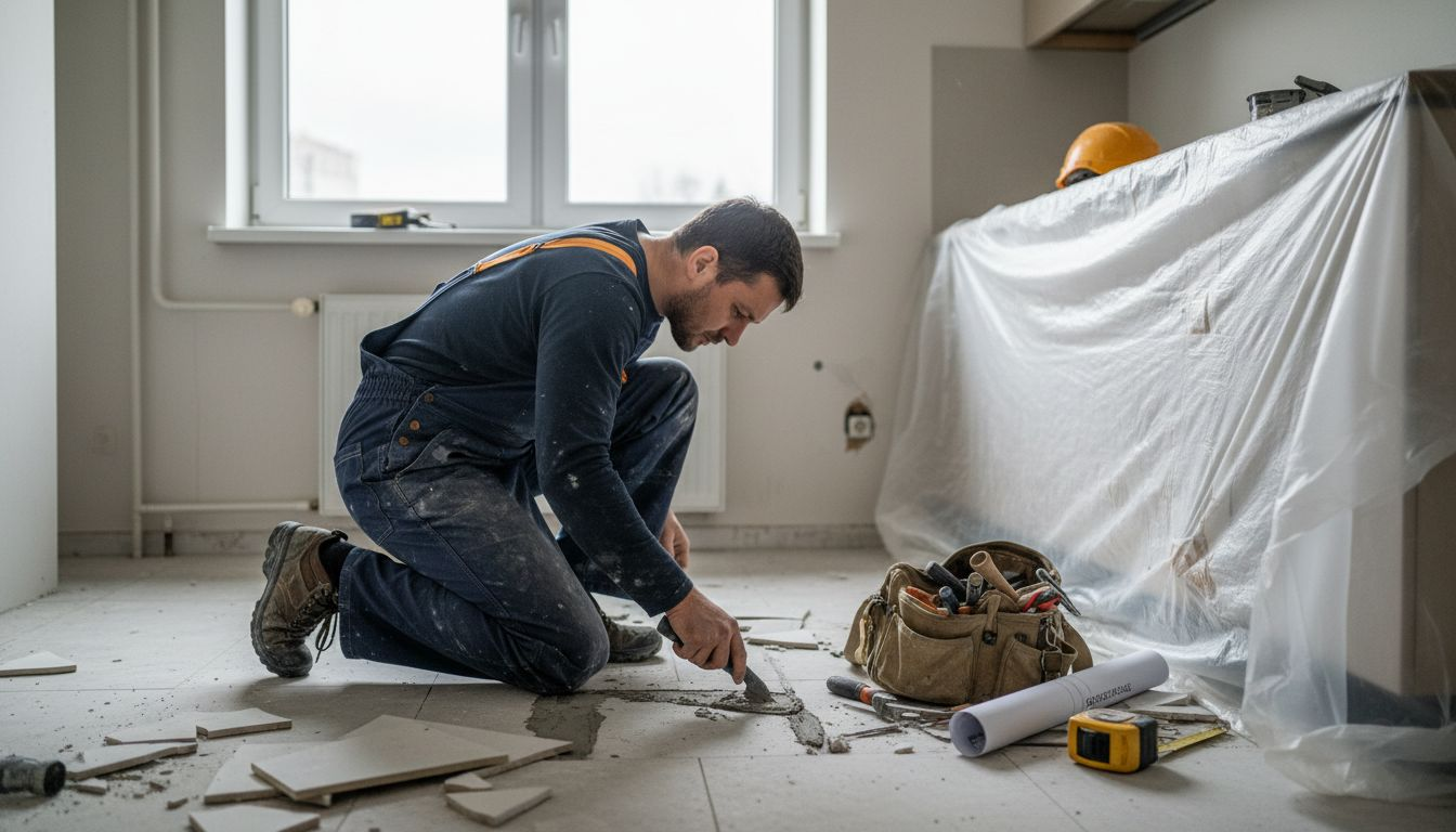 Darbuotojas kruopščiai ruošia virtuvės stalviršius galutiniam apdailos etapui.