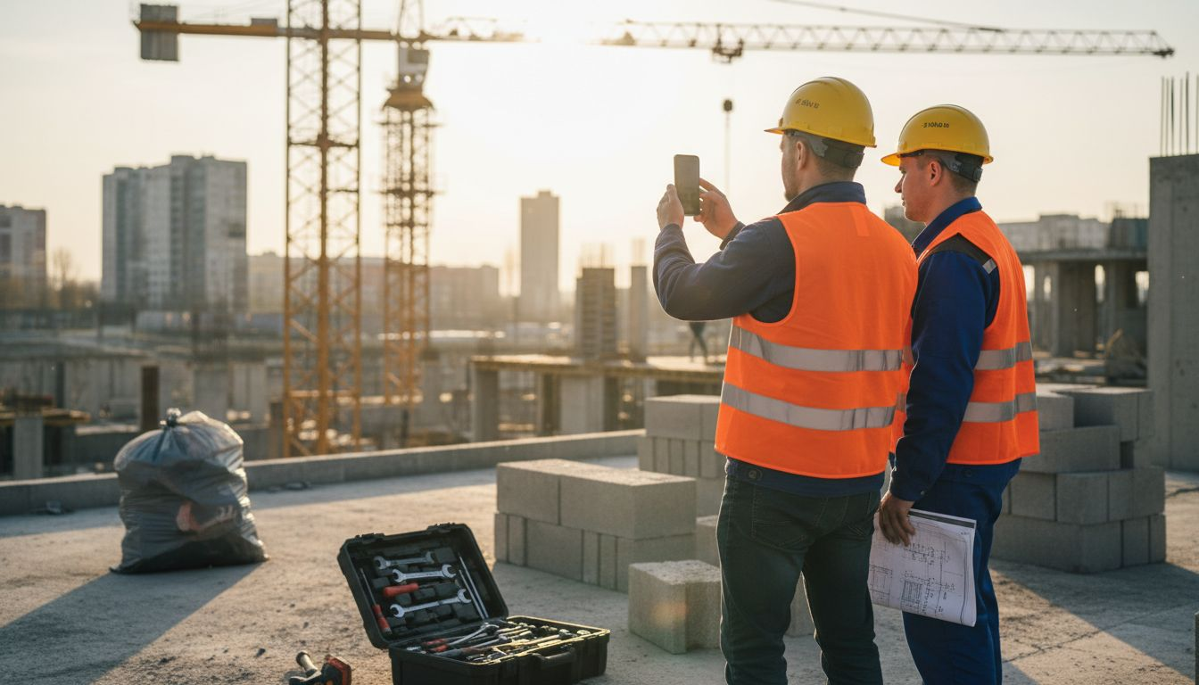 Statybos aikštelėje darbuotojai atidžiai stebi vykstančius darbus.