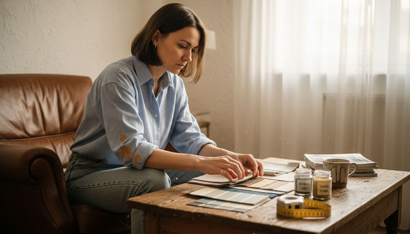 Moteris namuose dėlioja interjero pavyzdžius, ieškodama tinkamiausių sprendimų savo erdvei.